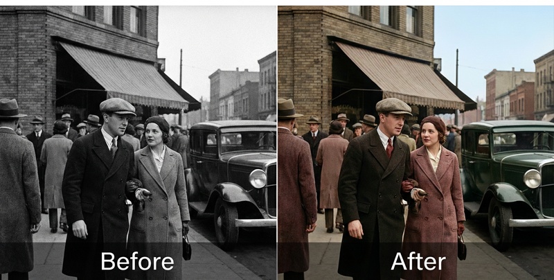 AI技術による白黒動画のカラー化処理前後の比較