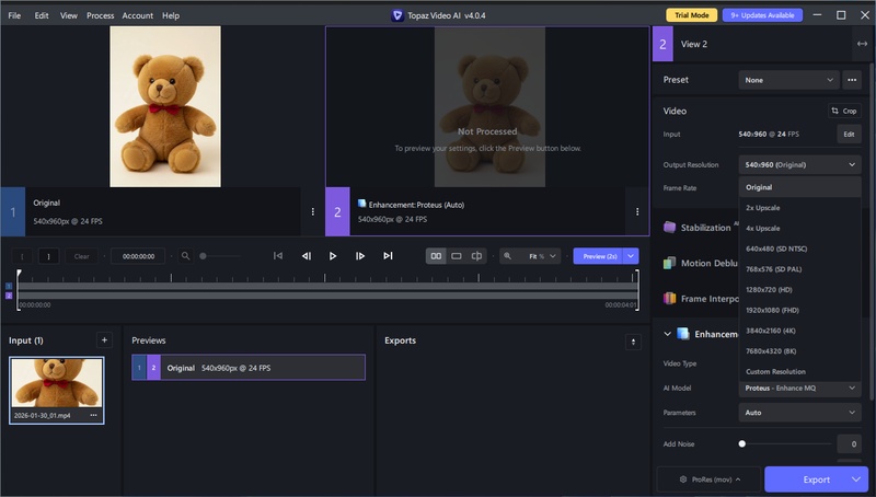 Topaz Video AIの解像度選択画面