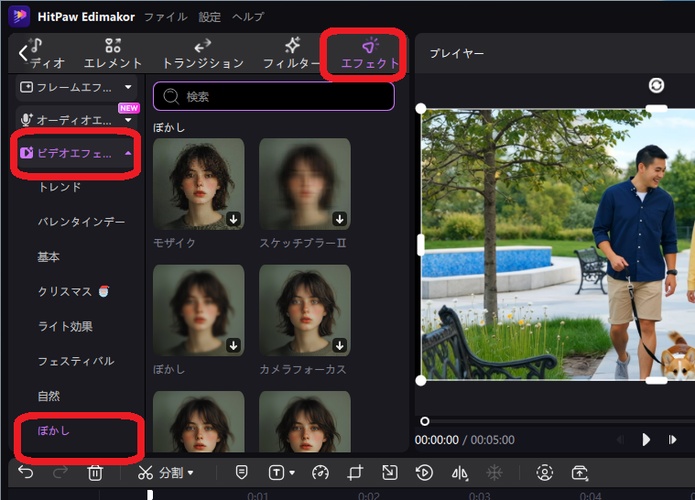 HitPaw Edimakorのぼかしエフェクト選択画面