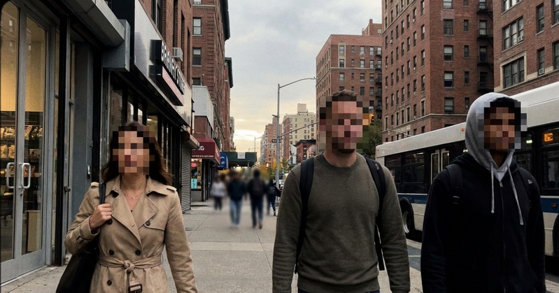 通行人の顔にモザイクが自動追従している編集例