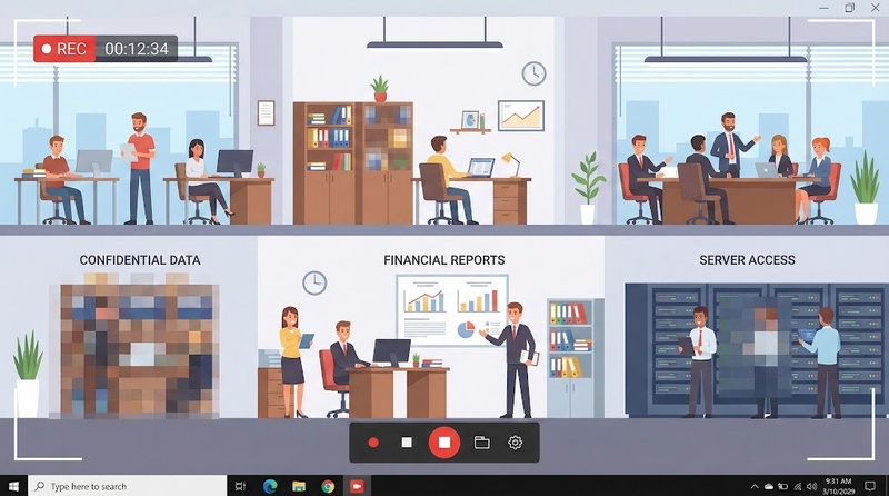 画面録画動画で機密情報のエリアや人にモザイクが自動追従している編集例
