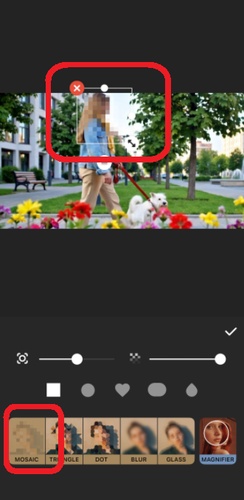 InShotのステッカー一覧でMOSAICが選択され、プレビュー内の一部にモザイクが適用されている
