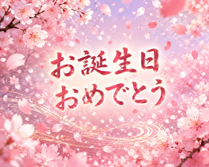桜吹雪と誕生日メッセージが重なる和風アニメーション