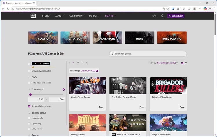 GOG.comの無料ゲーム一覧画面