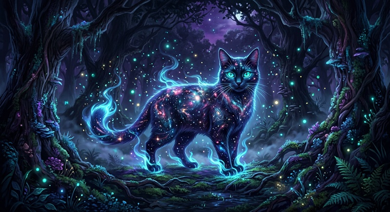 「暗い森の中で魔法の光粒子に囲まれた神秘的なAI猫ファンタジーイラスト」