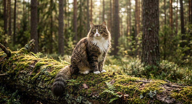 「コケ生えた丸太に座るノルウェージャンフォレストキャットの超リアルAI写真風画像」