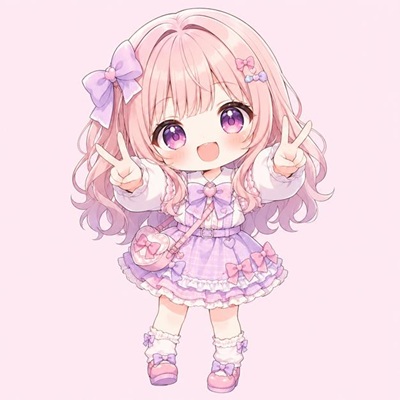 Vサインをするパステル調のミニキャラ少女