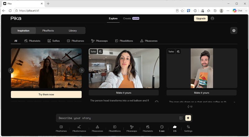 Pikaのダッシュボード画面に動画サンプルが並ぶ