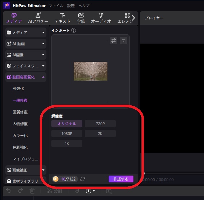 Edimakorで一般修復の解像度を設定して作成する画面