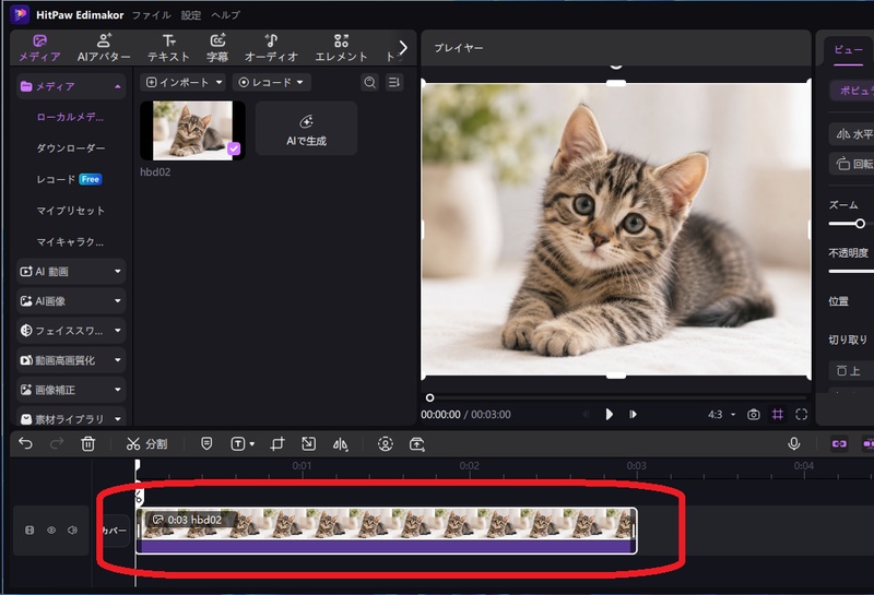 Edimakorで猫の素材を読み込んだ画面