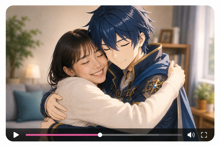 アニメキャラクターと人物がハグしているAIハグ動画