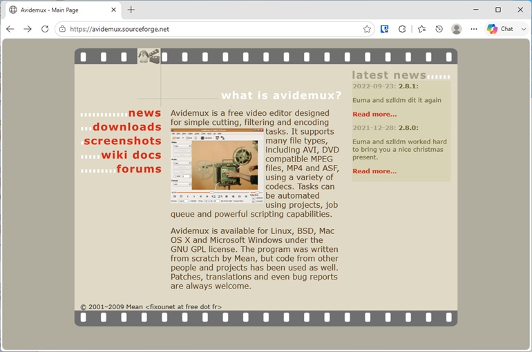 Avidemux公式サイトのスクリーンショット