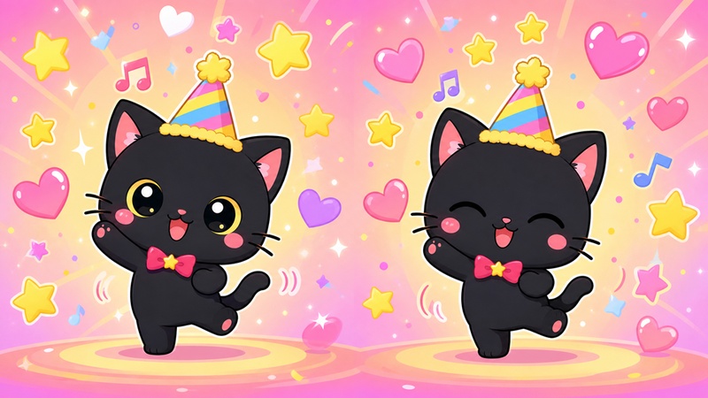 ちびキャラスタイルで踊る猫動画の静止フレーム