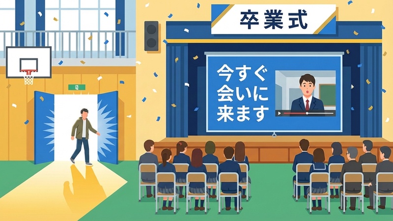 ビデオレターに合わせて扉から本人が登場