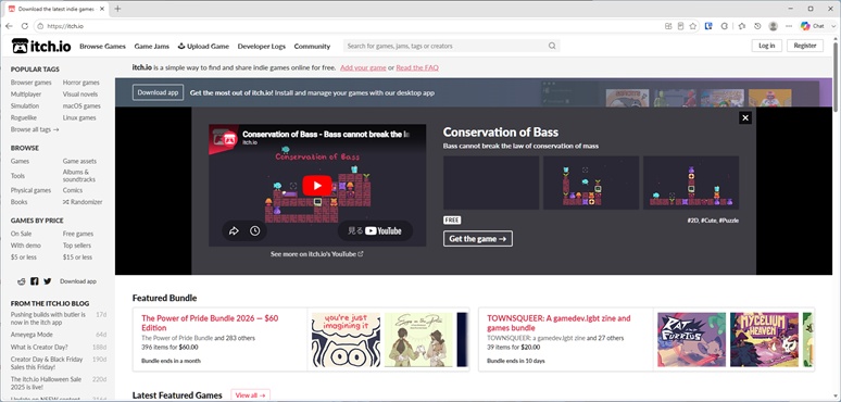 itch.io公式サイトのトップページ