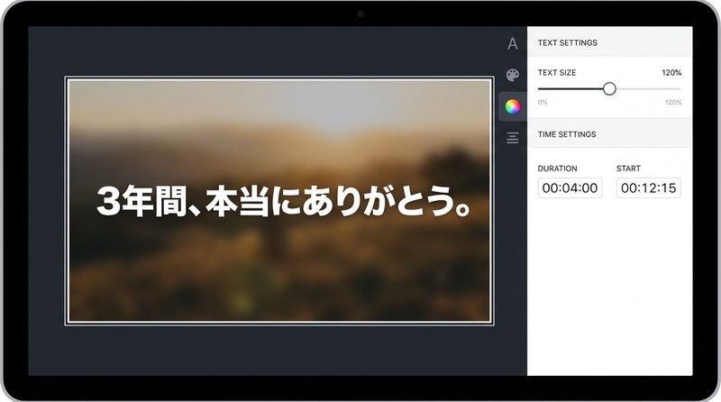動画編集ソフトでメッセージテロップのフォントと表示時間を設定している編集画面