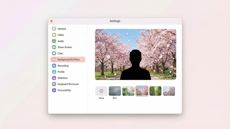 Zoomのバーチャル背景設定で春の桜背景が選択されている画面