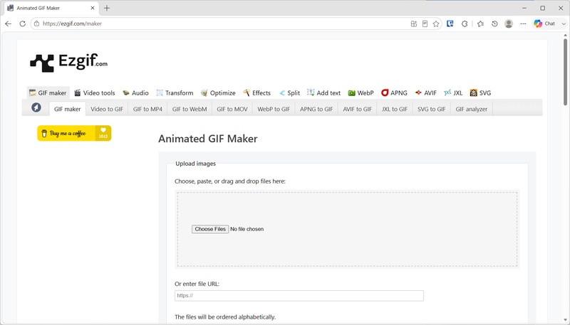 EzgifのGIF変換ページでファイルをアップロードする画面