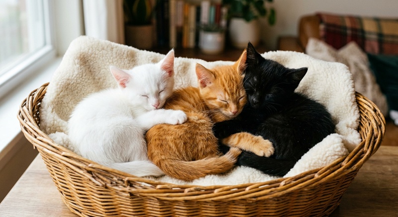 「白・オレンジ・黒の3匹の子猫が籠の中で寄り添うAI生成の心温まる画像」