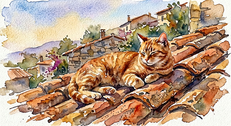 「日当たりのよい屋上でくつろぐキジトラ猫の水彩画風AIアートイラスト」