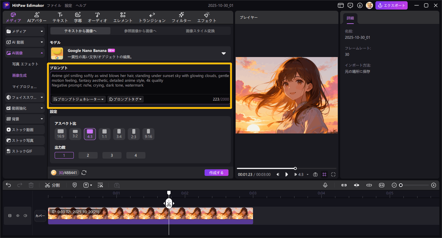 AIガールアート用プロンプトを入力